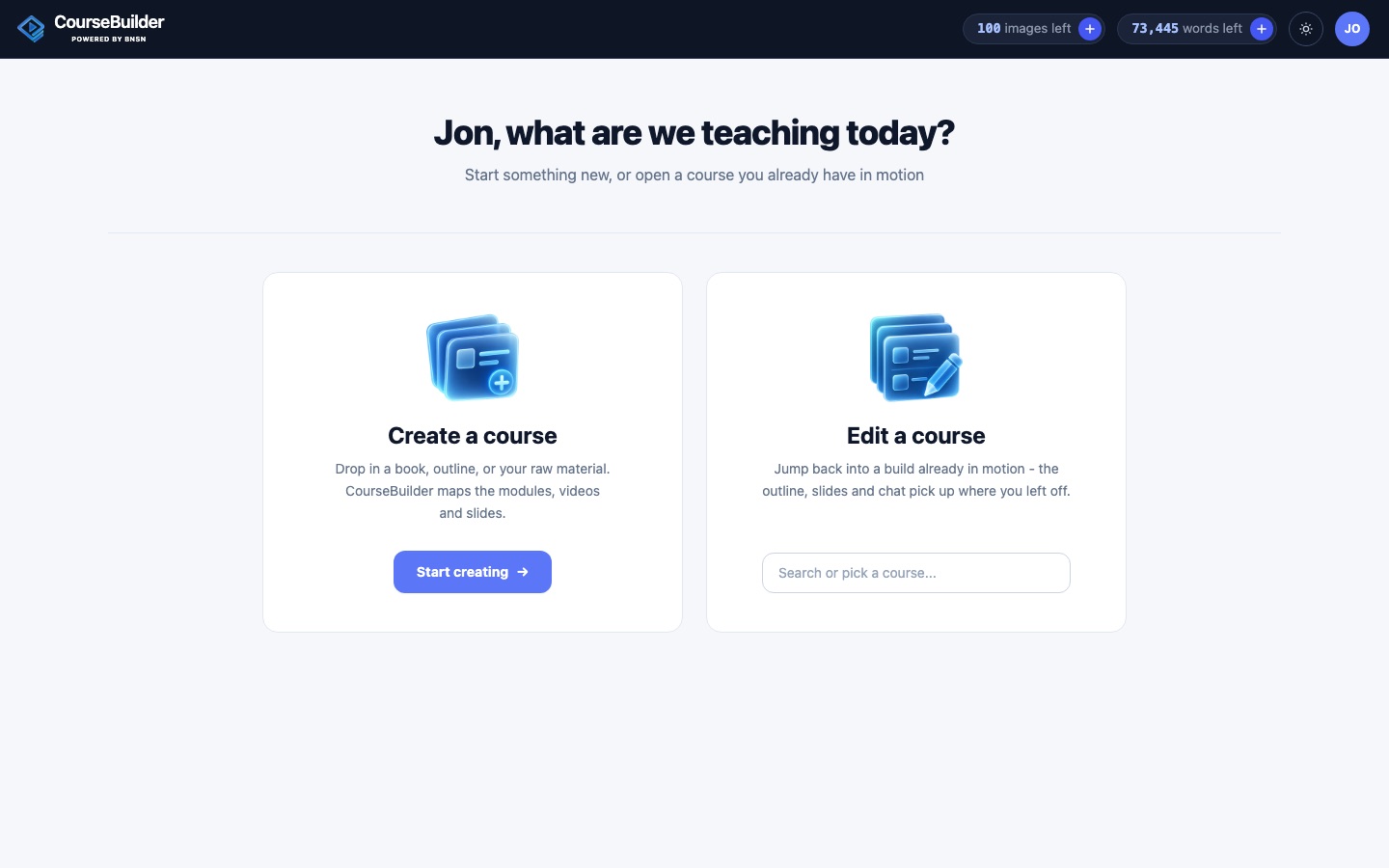 Starting a new course inside CourseBuilder