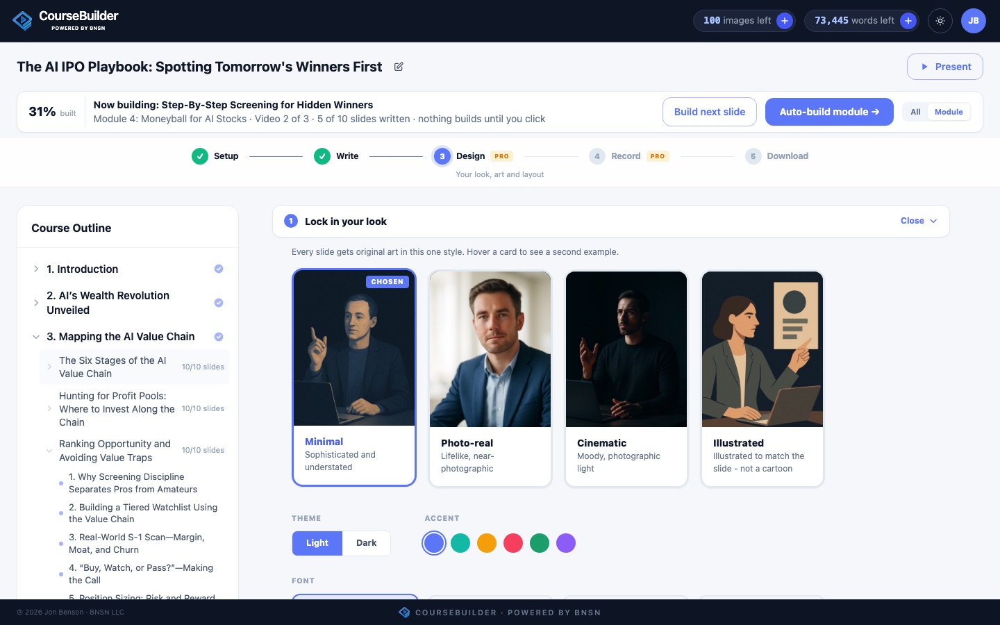 Choosing an art style, theme, accent and font in the Design stage