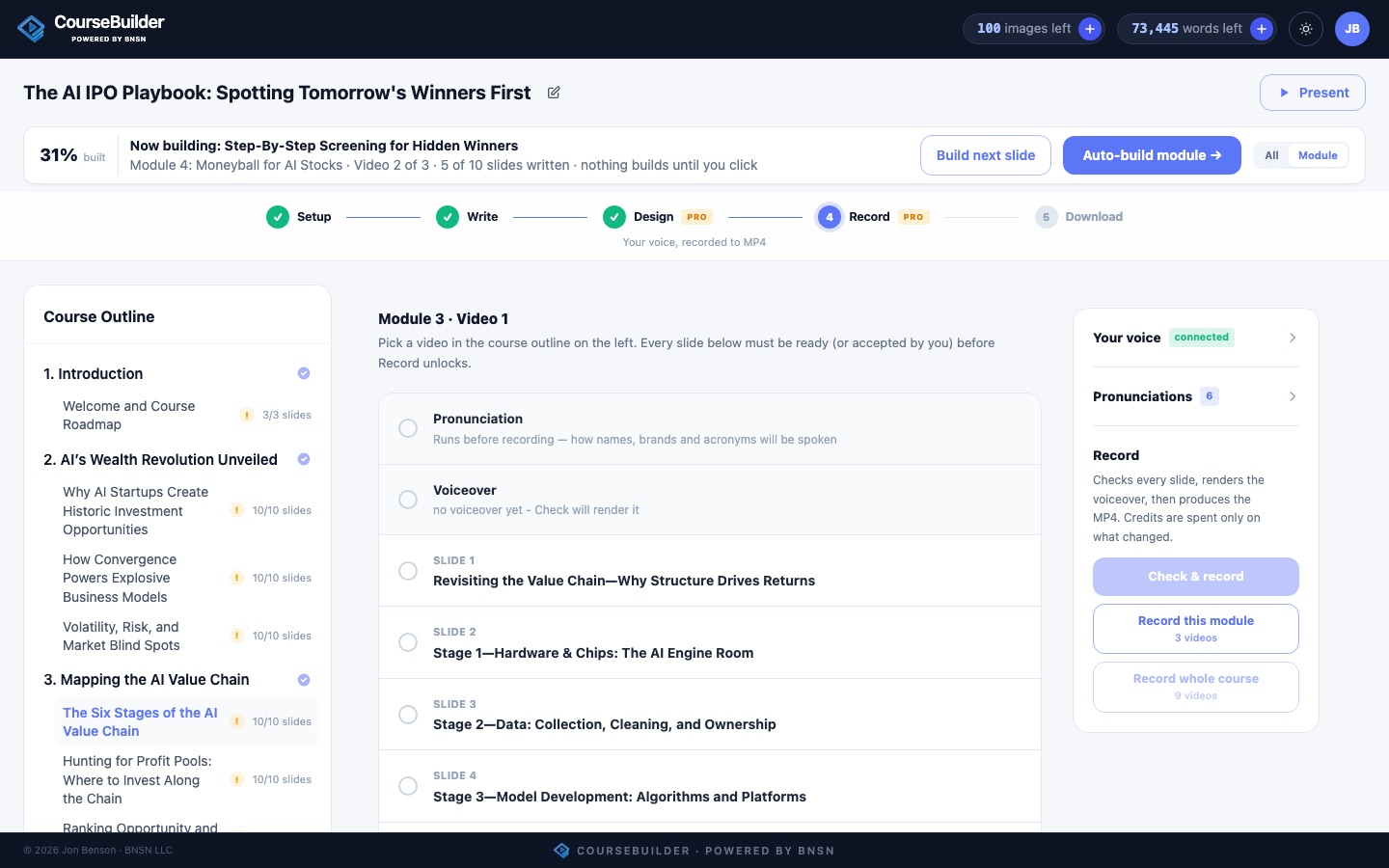 Recording the whole course in your voice from the Record stage